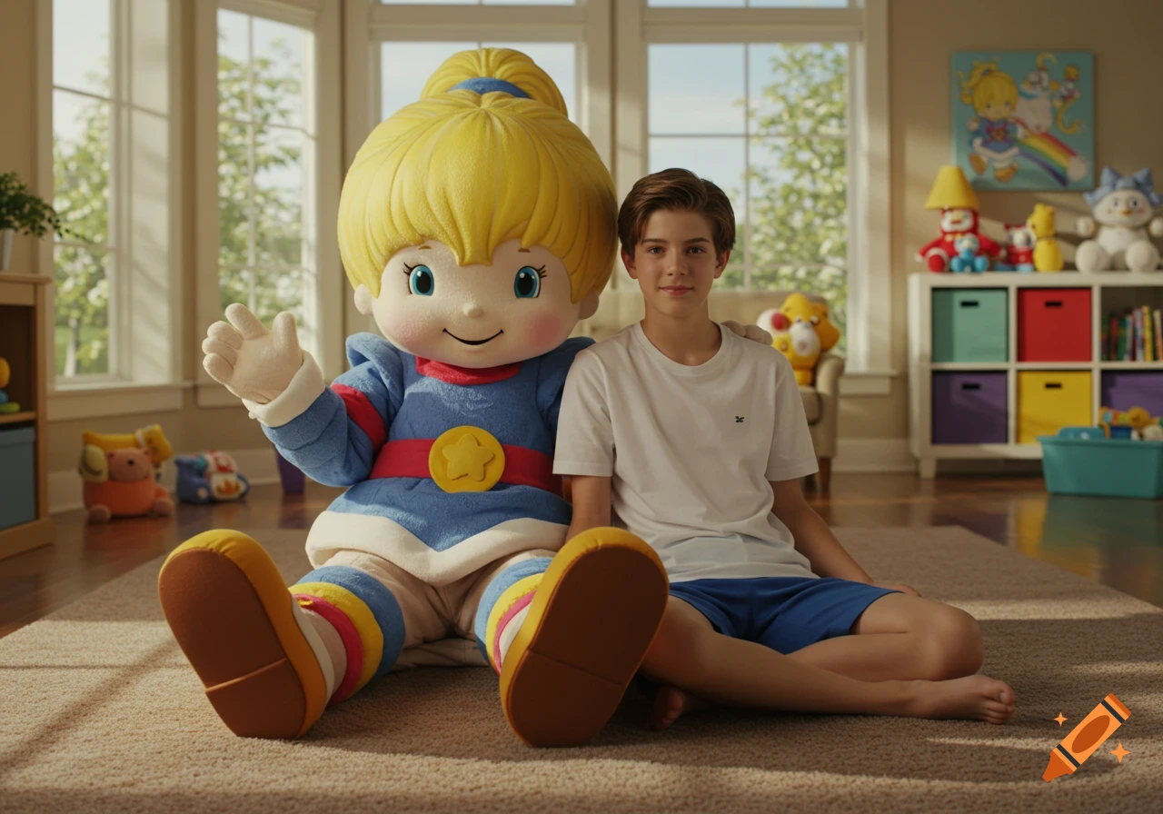 A boy and a Rainbow Brite mascot sitting on a rug in a bright room with windows and shelves, photorealistic.