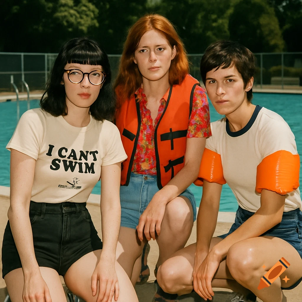 Three young women in summer attire, one with glasses and a "I CAN'T SWIM" shirt, posing by a pool in a photorealistic style.