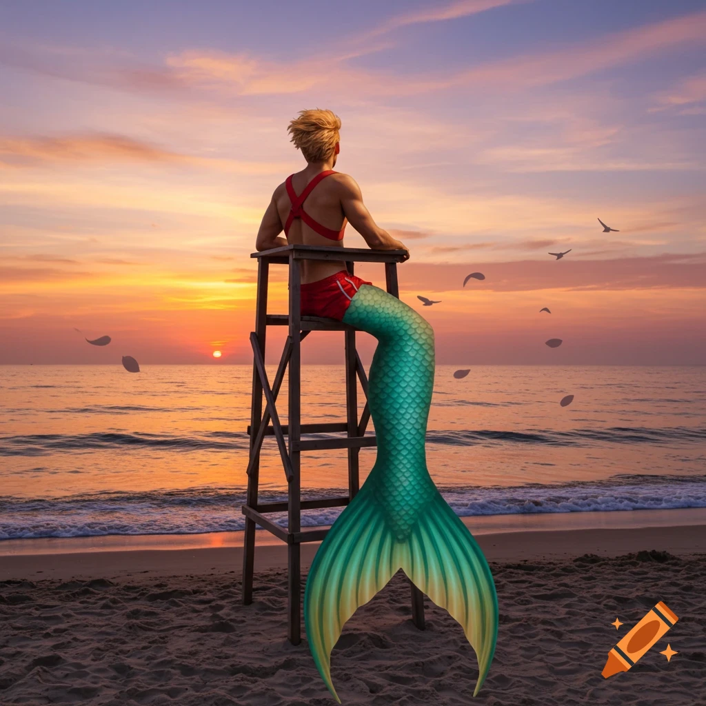 A muscular merman in a red top with a green tail sits on a lifeguard chair on a beach, watching the sunset over the ocean.