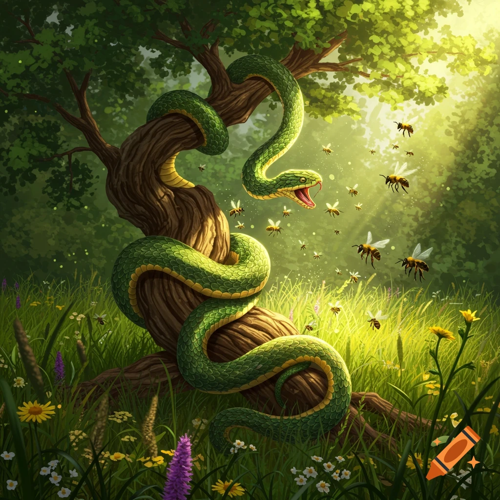 A vibrant green snake coiled around a tree trunk, hissing at a swarm of bees in a sunlit forest clearing with wildflowers.