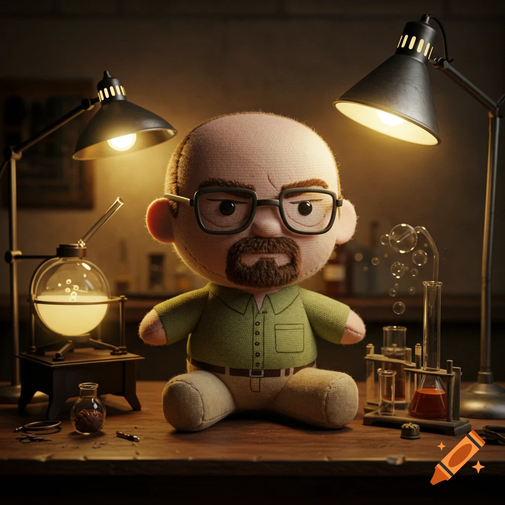 A Walter White-like plush toy with glasses and a beard sits on a lab bench with beakers and desk lamps.