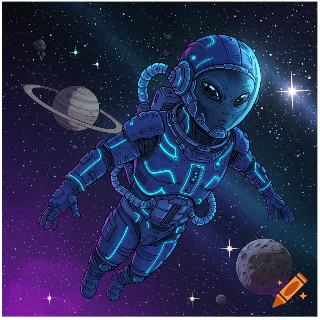 A comic-style illustration of a neon indigo high-tech alien in a space suit floating among planets and stars.