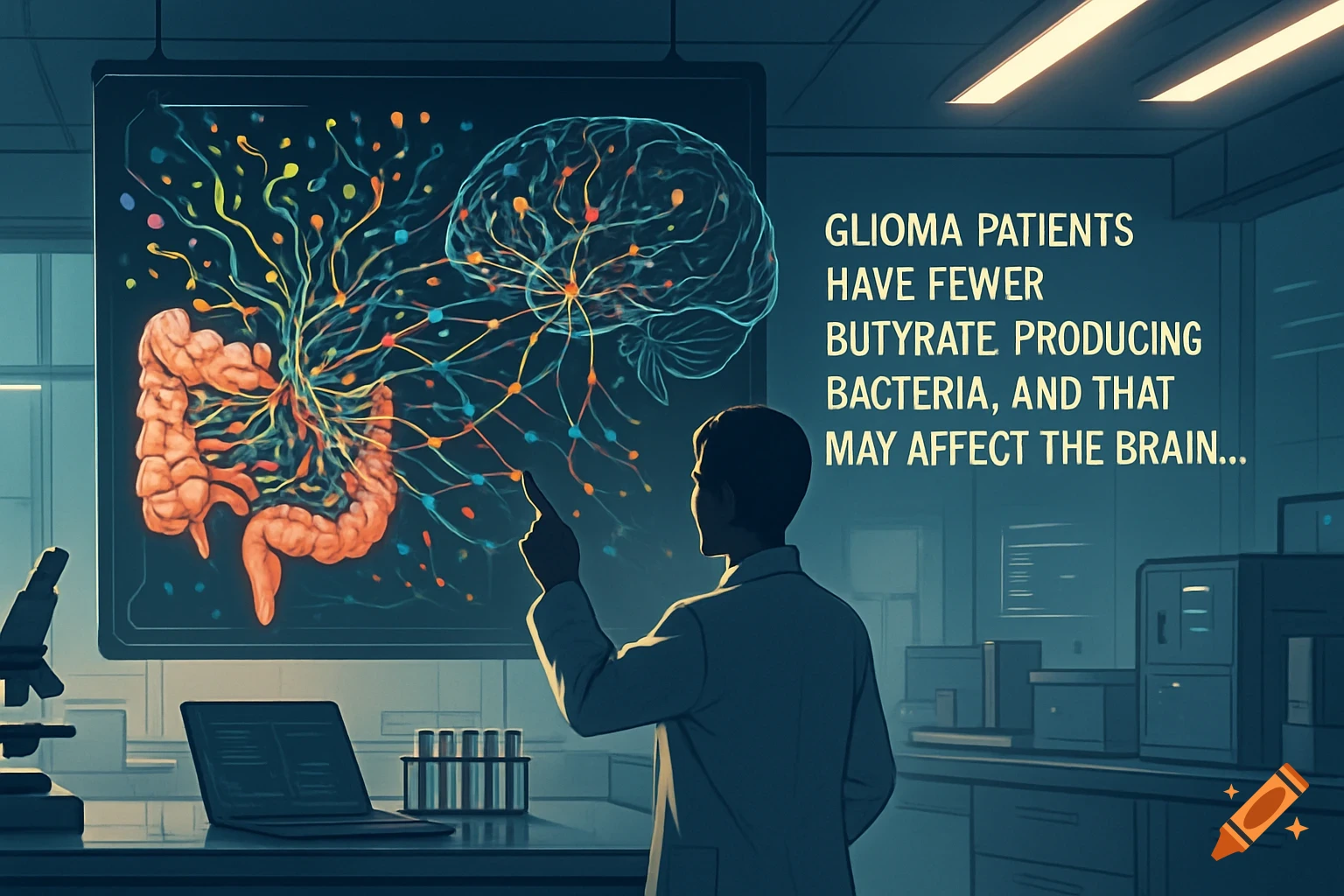 A researcher points at a glowing screen showing brain and gut diagrams, with text about glioma patients and gut bacteria. Illustration.
