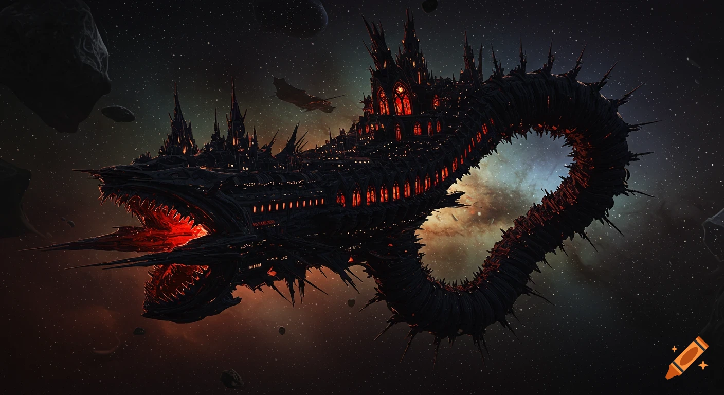 A colossal, dark, gothic worm-spaceship with red glowing windows and a spiked mouth, amidst a star-filled nebula.