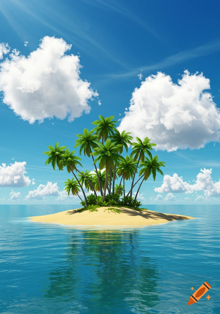 A vibrant tropical island with numerous palm trees surrounded by clear blue ocean under a bright sky with white clouds.