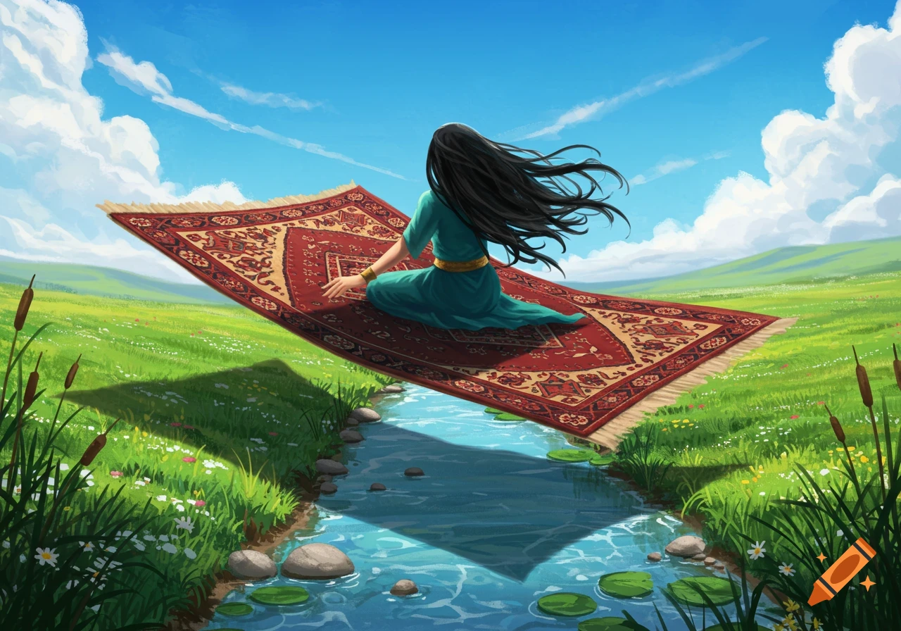 An illustrated scene of a woman with long black hair on a red flying carpet, soaring over a clear stream in a green meadow.
