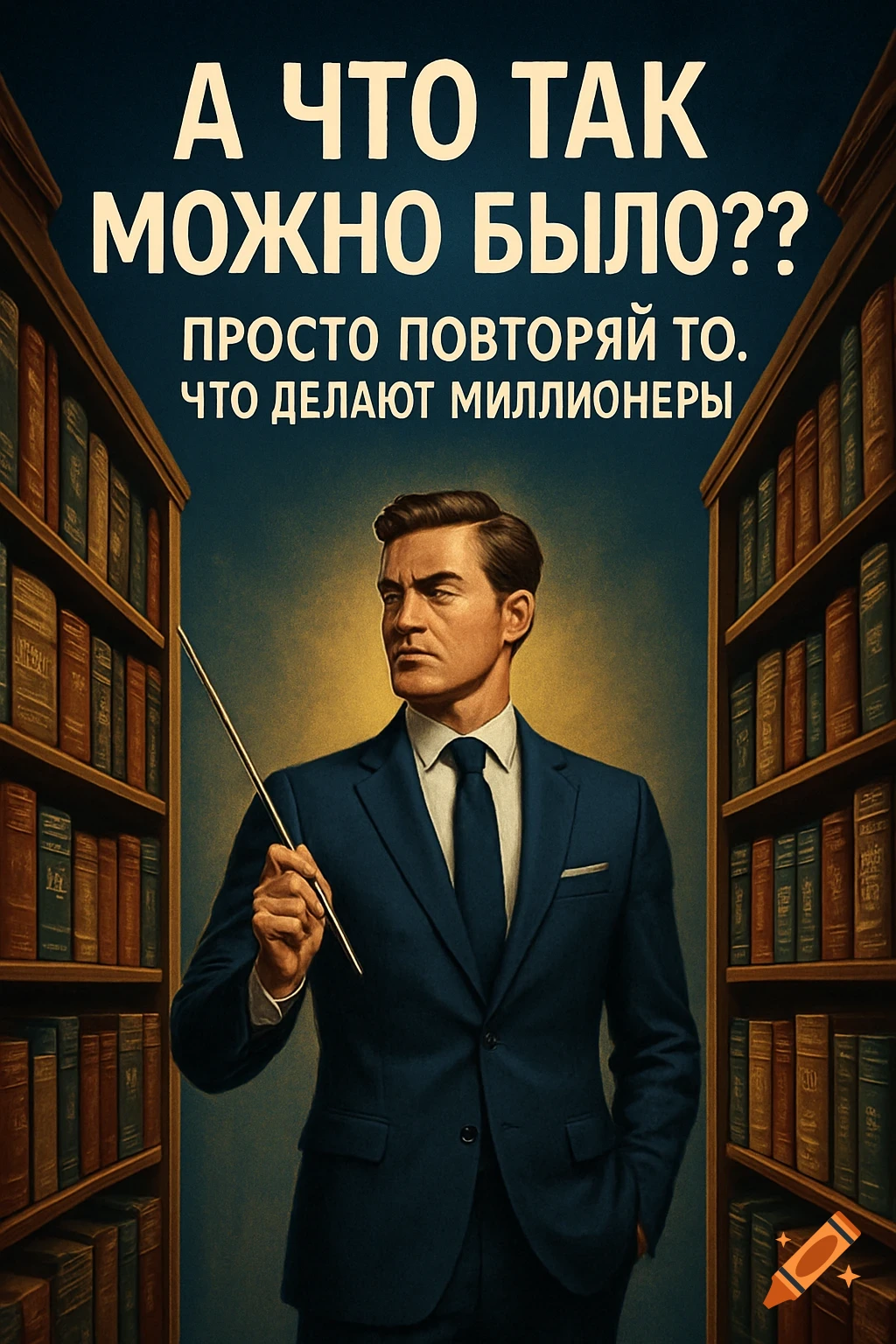 A man in a blue suit holds a pointer, standing between two tall bookshelves. Bold white Russian text reads: "А ЧТО ТАК МОЖНО БЫЛО??? ПРОСТО ПОВТОРЯЙ ТО. ЧТО ДЕЛАЮТ МИЛЛИОНЕРЫ" against a dark blue background.
