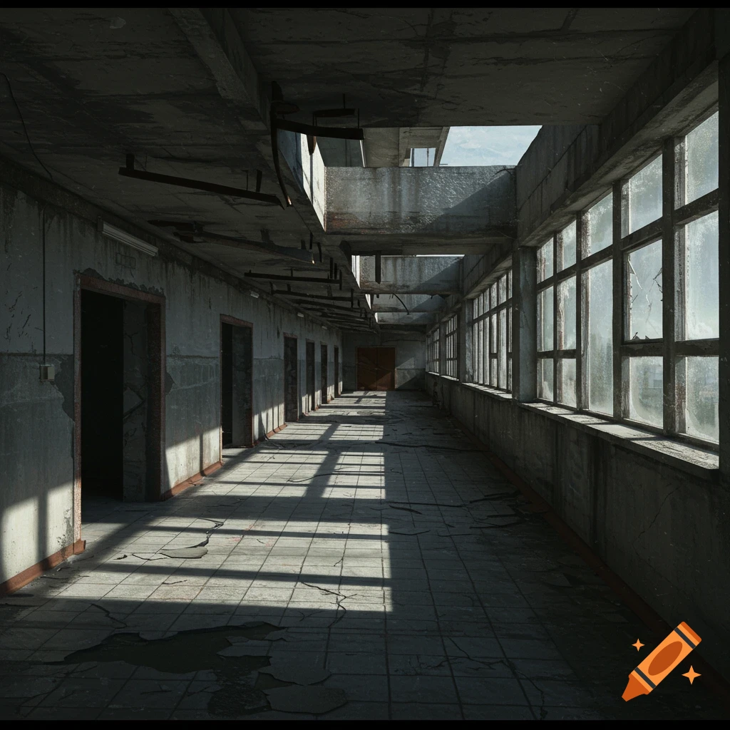 Long, dark, abandoned brutalist hallway with sunlight streaks from broken windows onto a cracked tiled floor, showing urban decay.