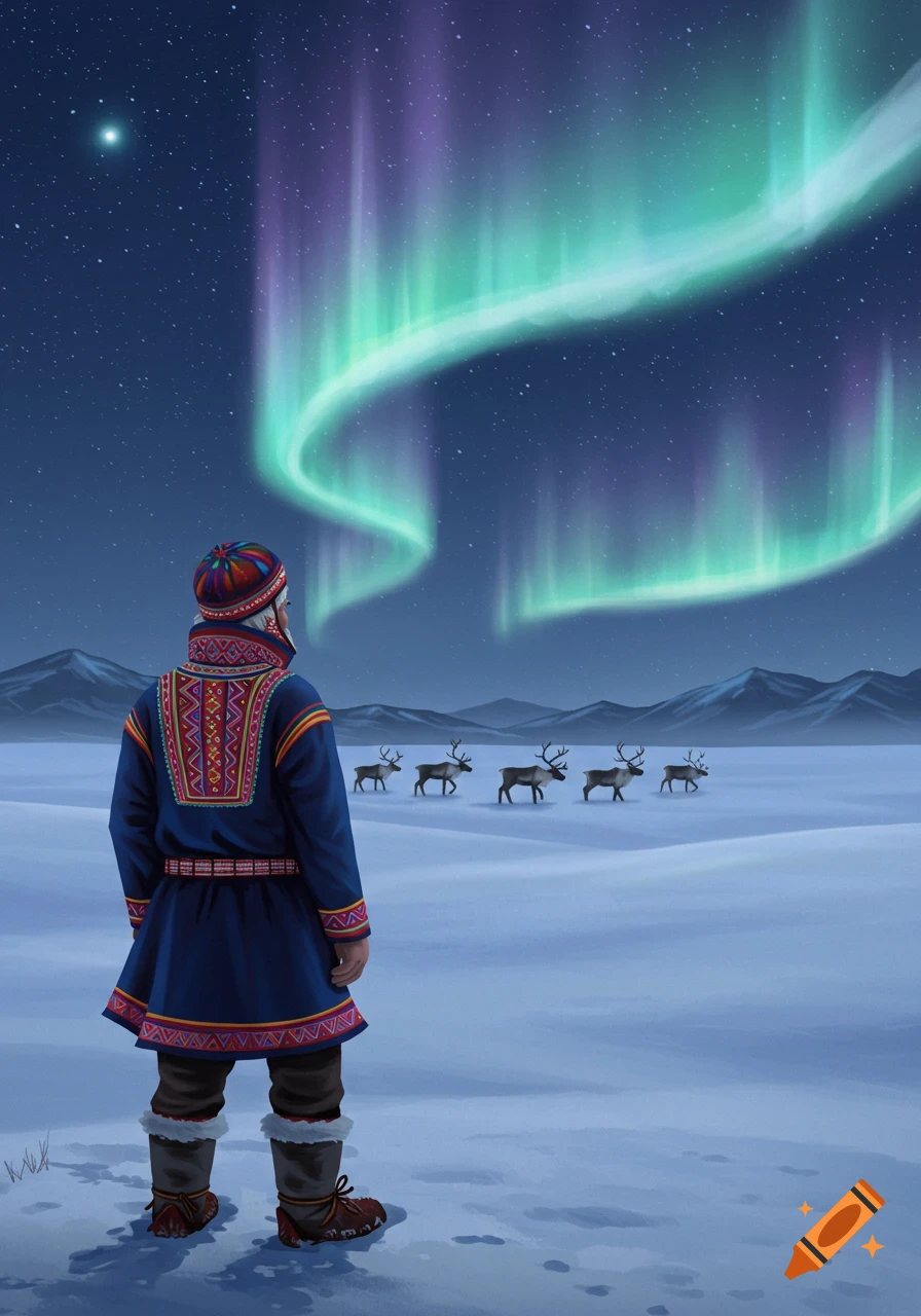 An illustrated man in traditional Sami clothing stands in a snowy landscape, watching reindeer under a vibrant aurora borealis.