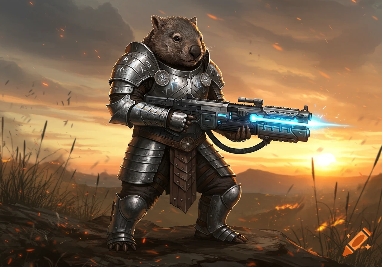 A heavily armored wombat holding a futuristic glowing gun, standing on a rocky outcrop against a sunset sky with sparks flying.