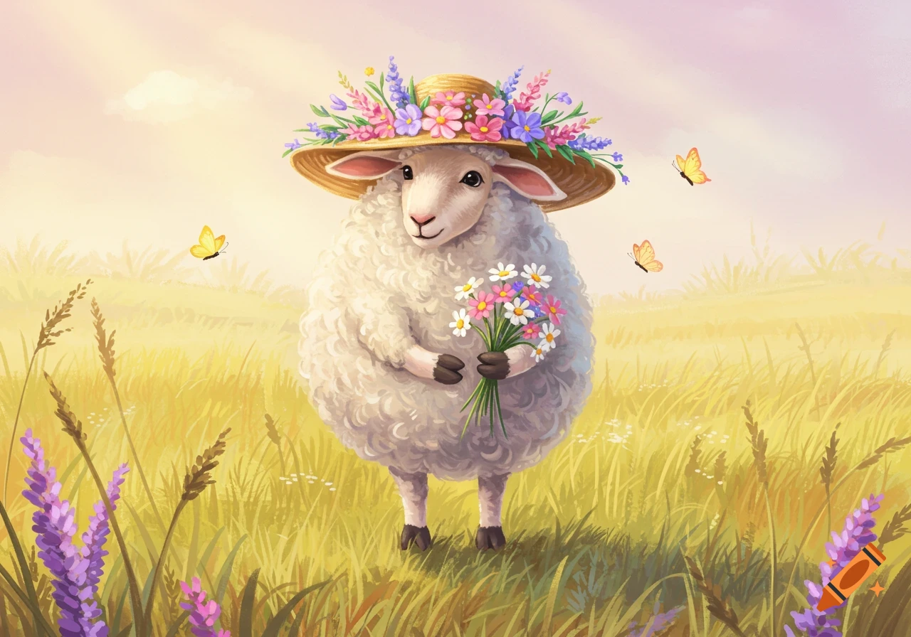 A cute white sheep wearing a straw hat adorned with colorful flowers, holding a bouquet of daisies, standing in a sunny field with tall grass and purple flowers. Illustration style.
