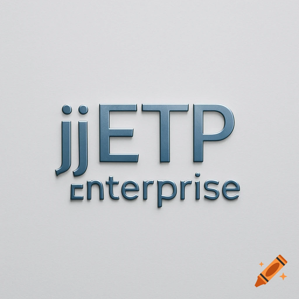 A minimalist logo on a textured white background features "jjETP" in a bold, metallic blue font above "enterprise" in a smaller, matching font.