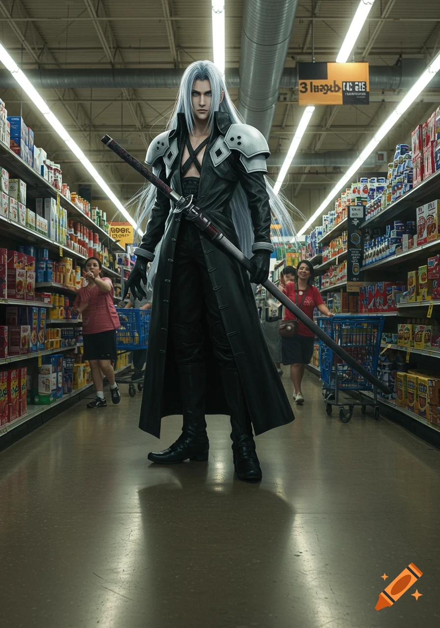 Photorealistic Sephiroth with long sword in a brightly lit supermarket aisle, shoppers in background.