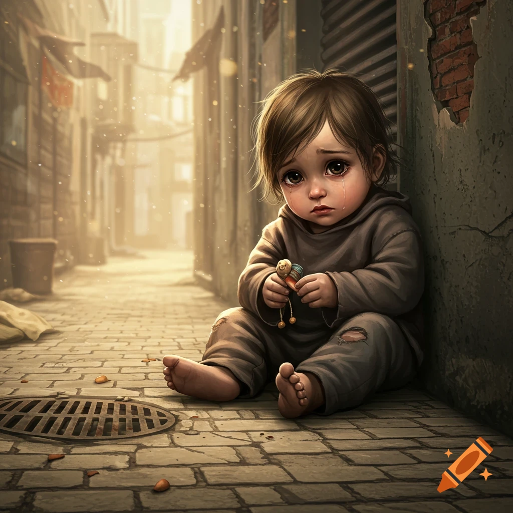 A sad, barefoot child with tears on her face sits alone in a dirty, desolate alley holding a small toy. Photorealistic style.