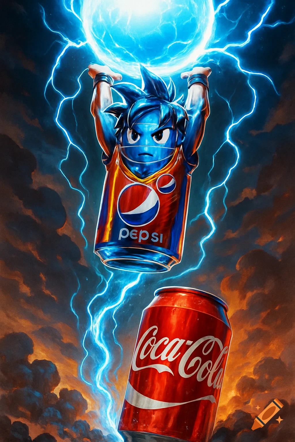Goku as a Pepsi can charges a blue energy ball to throw at a Coca-Cola can amidst lightning and stormy clouds.