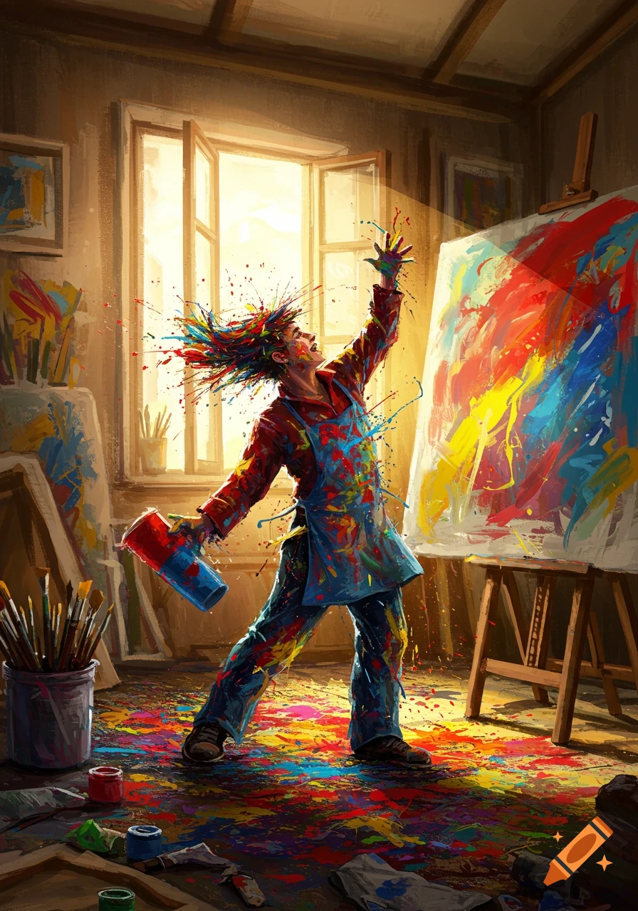 A jubilant artist in an apron splashes colorful paint in an art studio, sunlight streaming through a window. Vibrant and energetic style.