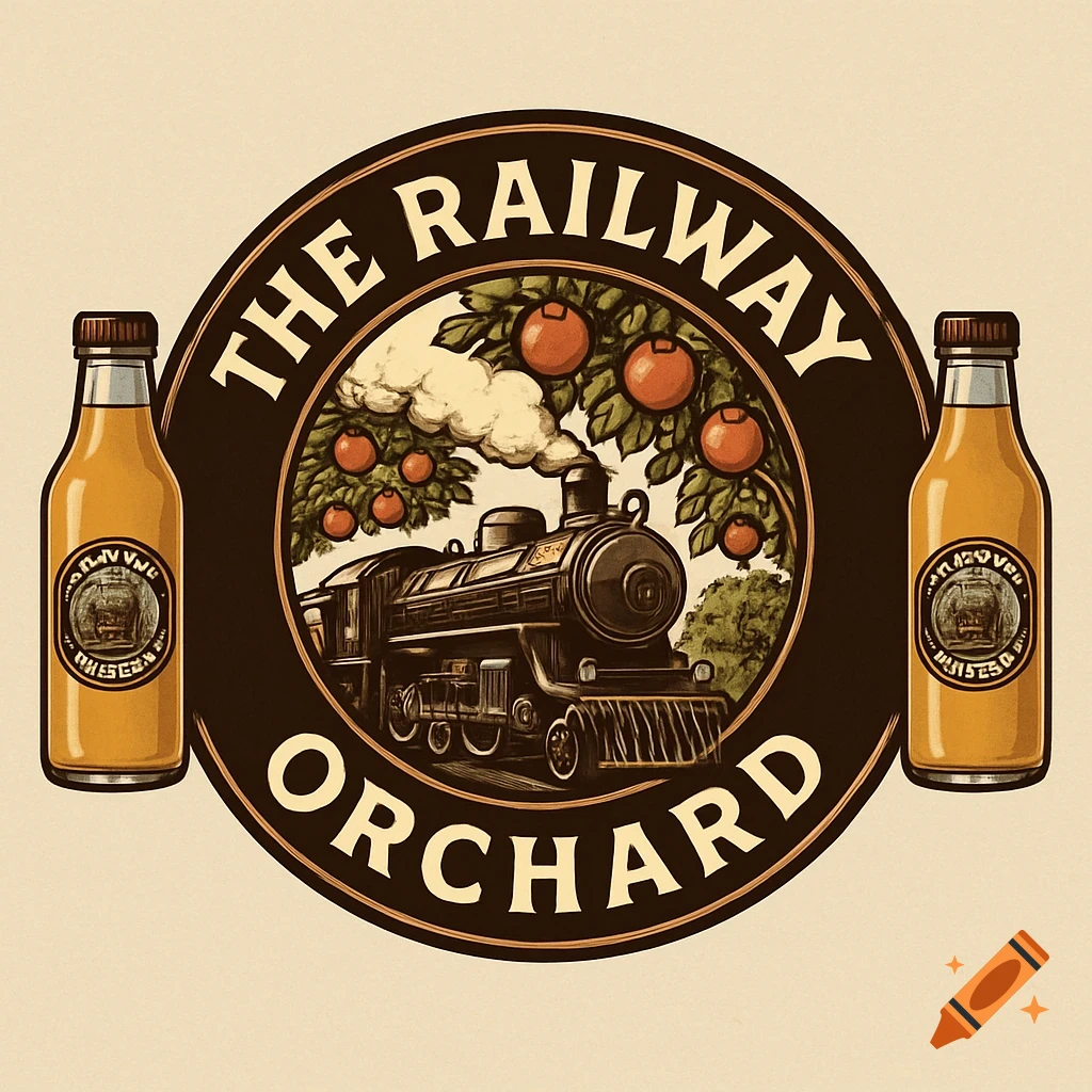 A vintage-style circular logo for "The Railway Orchard" featuring a steam train in an apple orchard, flanked by two juice bottles with garbled labels.
