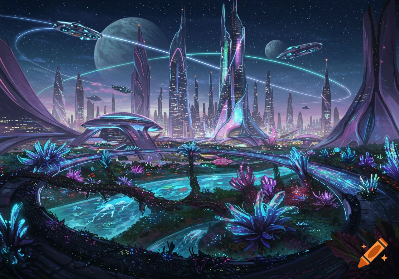 Vibrant futuristic city on an alien planet with glowing skyscrapers, flying vehicles, and bioluminescent flora under a starry sky.