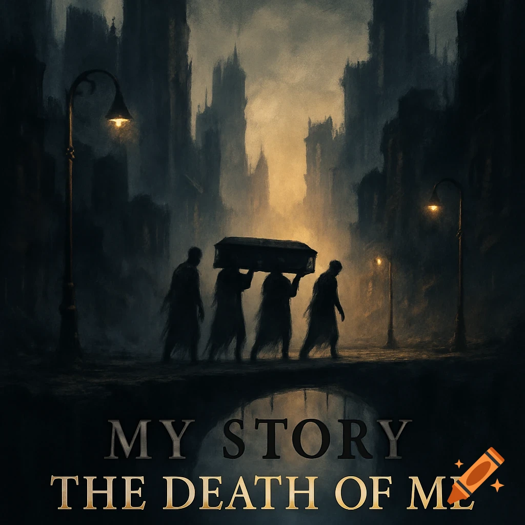 Shadowy figures carry a casket through a dark, decaying cityscape. The title 'MY STORY THE DEATH OF ME' is below.