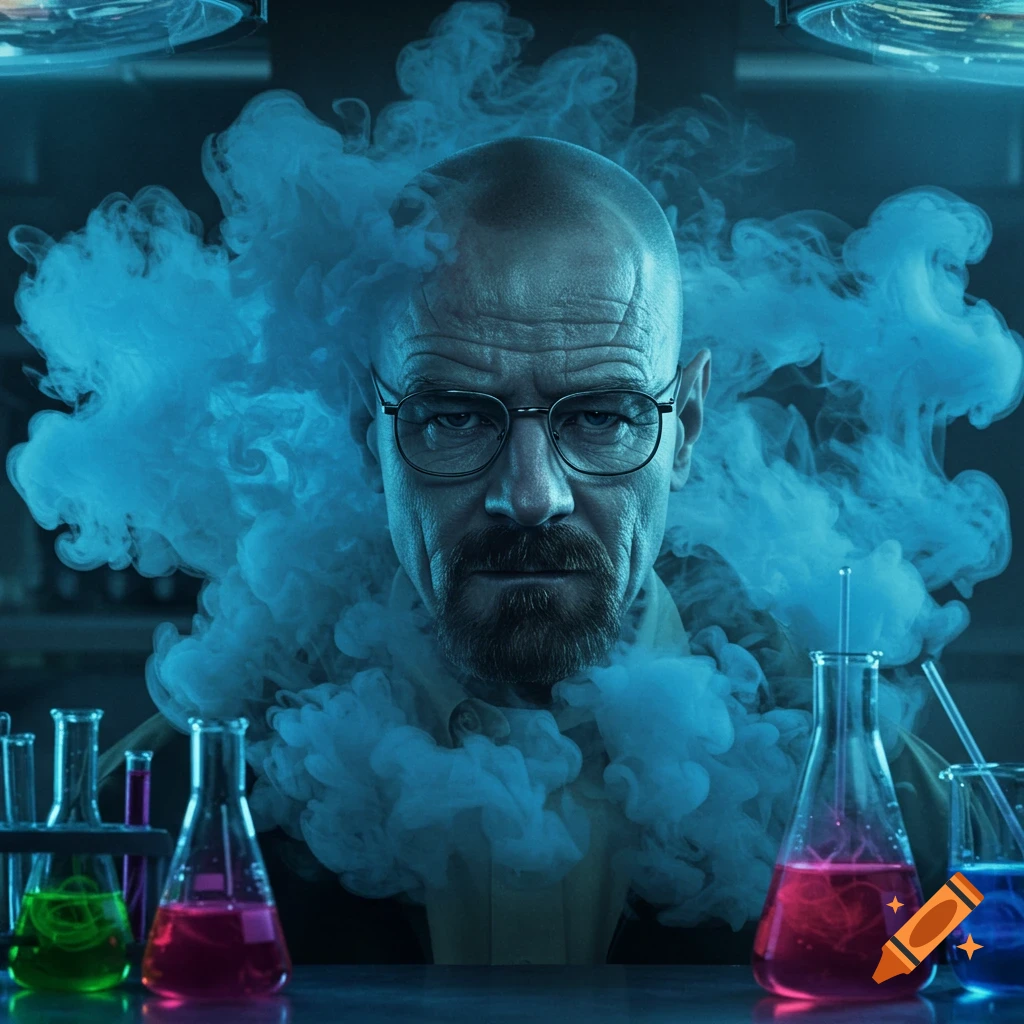 Photorealistic portrait of a bald man with glasses and beard, resembling Walter White, amidst blue smoke in a dimly lit chemistry lab with colorful beakers.