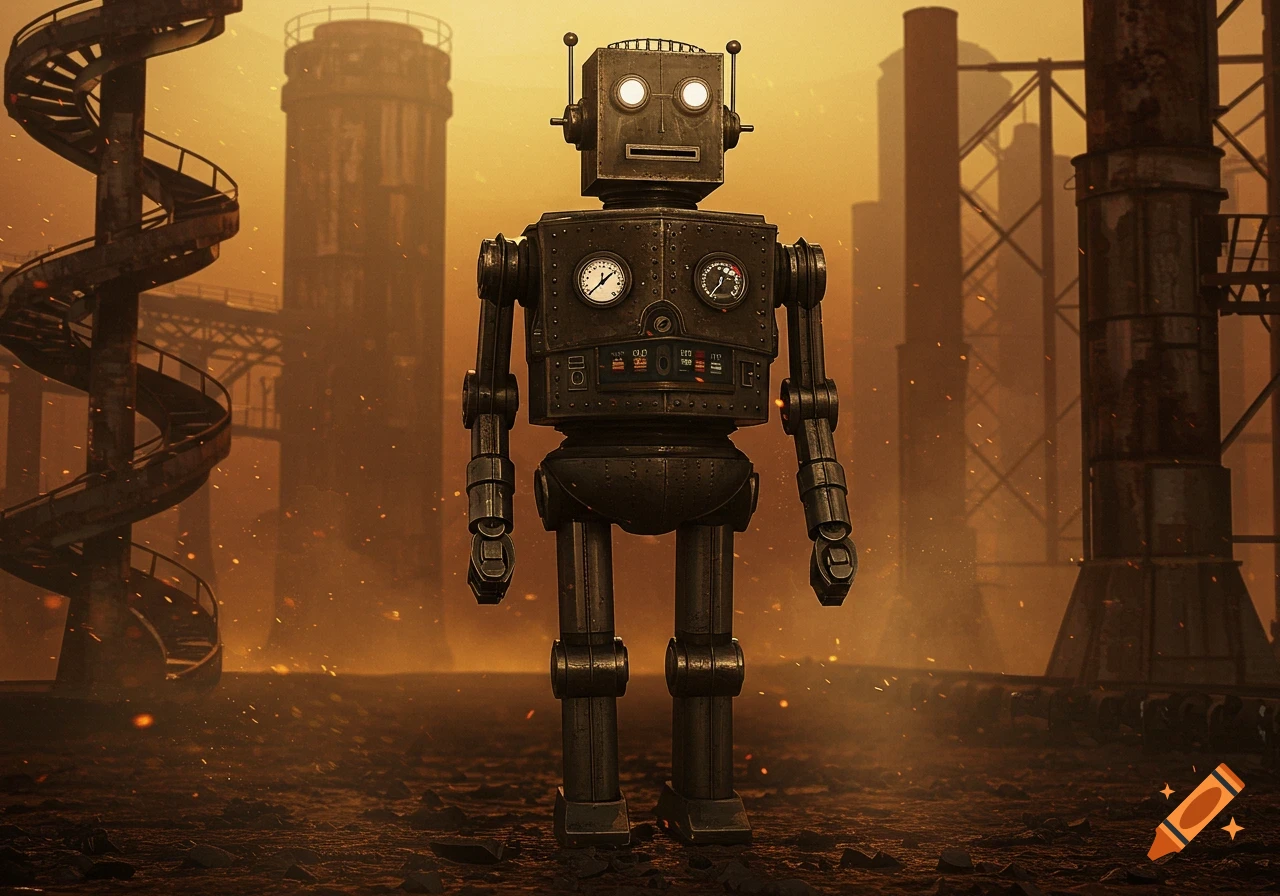 An old-school robot stands in a desolate industrial landscape with spiral stairs and large structures under an orange sky.