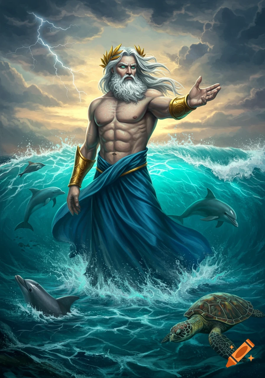 Muscular god resembling Poseidon with white hair, laurel crown, emerging from stormy ocean with dolphins and turtle.