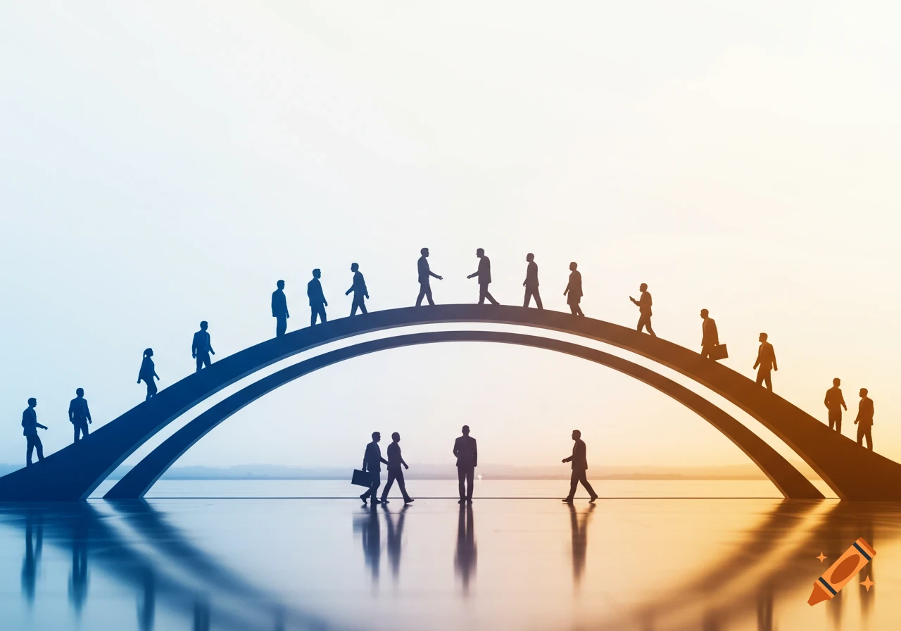 Corporate illustration of professional silhouettes walking on an arched bridge, shaking hands in the middle, with blue and orange gradients.