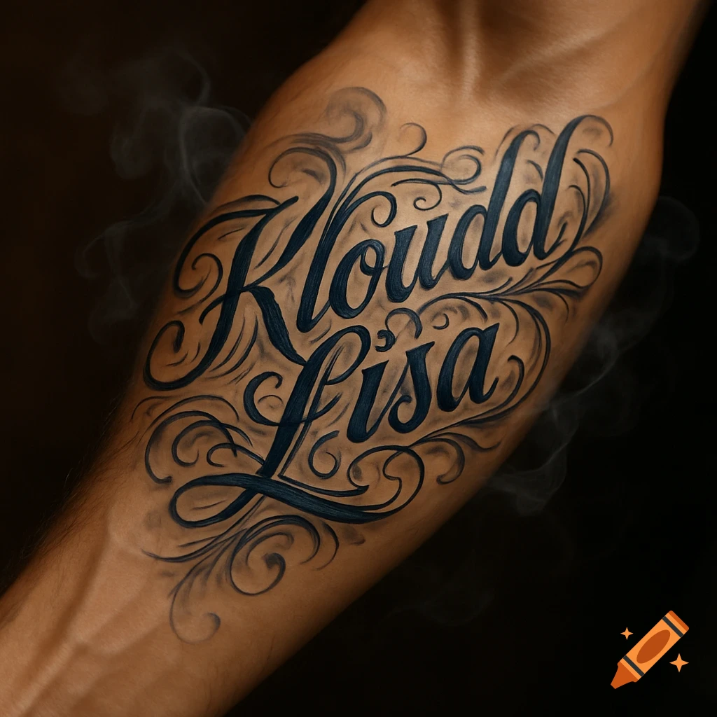 Detailed script tattoo with 'Kloudd' and 'Lisa' on a forearm, surrounded by decorative swirling patterns and subtle smoke.