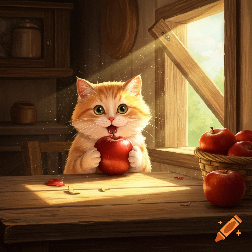 A fluffy orange cat with wide green eyes holds a red apple, sitting at a rustic wooden table illuminated by sunlight from a window.
