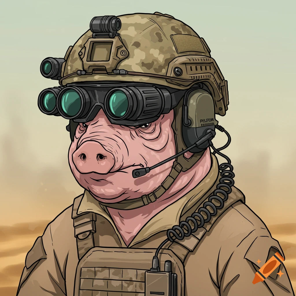 A cartoon pig in military gear: camo helmet, flipped-up night vision goggles, Peltor headset, and tactical vest.