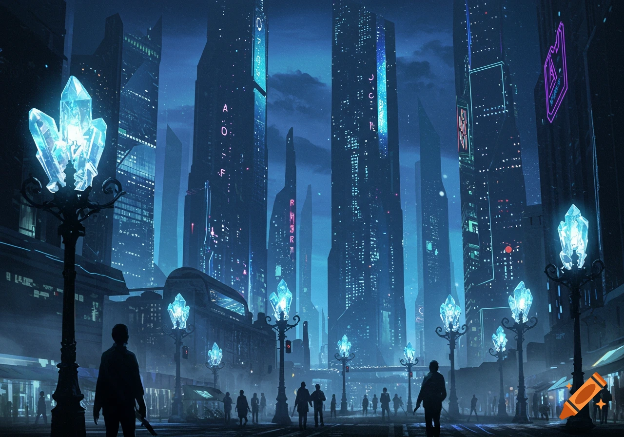 A dark, futuristic city at night, illuminated by glowing blue crystal streetlights and neon-lit skyscrapers, with silhouetted figures on the street.