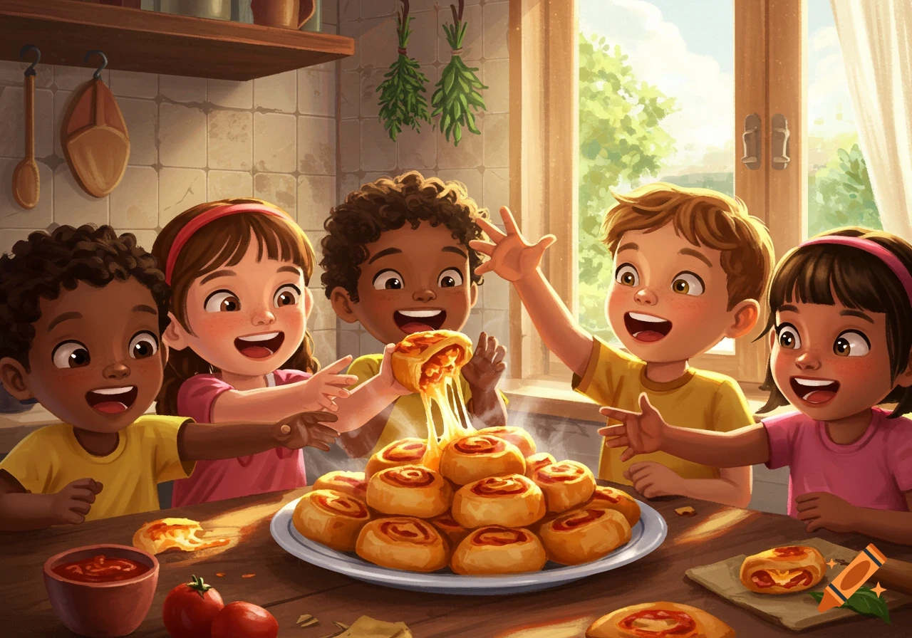 Five happy cartoon children in a kitchen eagerly reaching for a plate stacked with hot, cheesy pizza rolls.