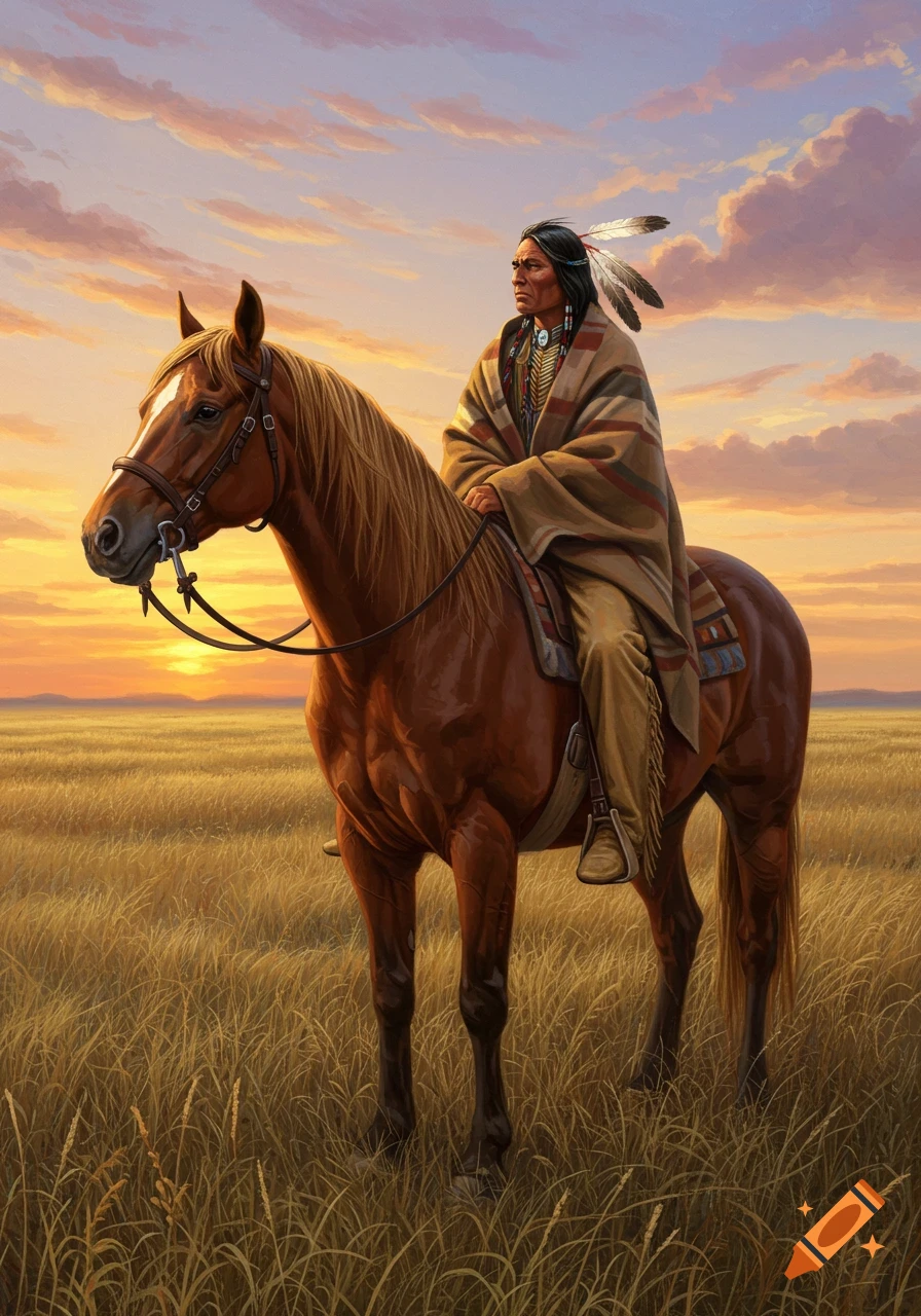Native American man in traditional attire rides a brown horse through a golden field at sunset, painted style.