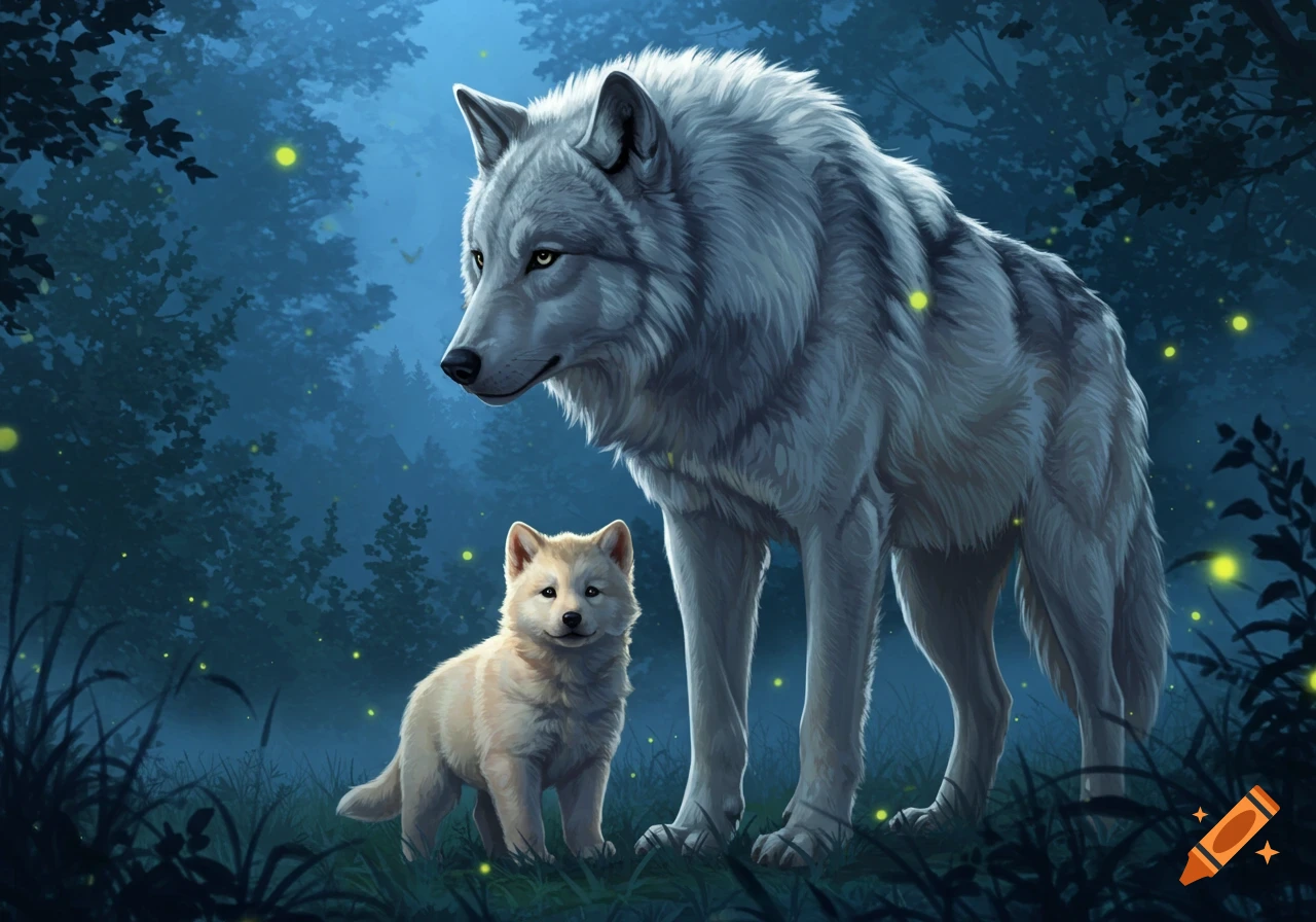A large white wolf and a light-colored puppy stand in a dark, firefly-lit forest. Digital art.