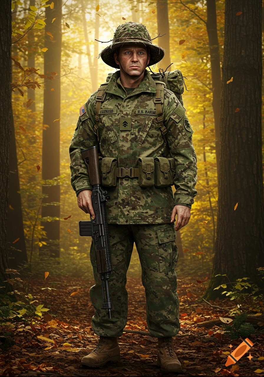 A photorealistic image of an army man in camouflage uniform and a wide-brimmed hat, holding a rifle, standing in an autumn forest.