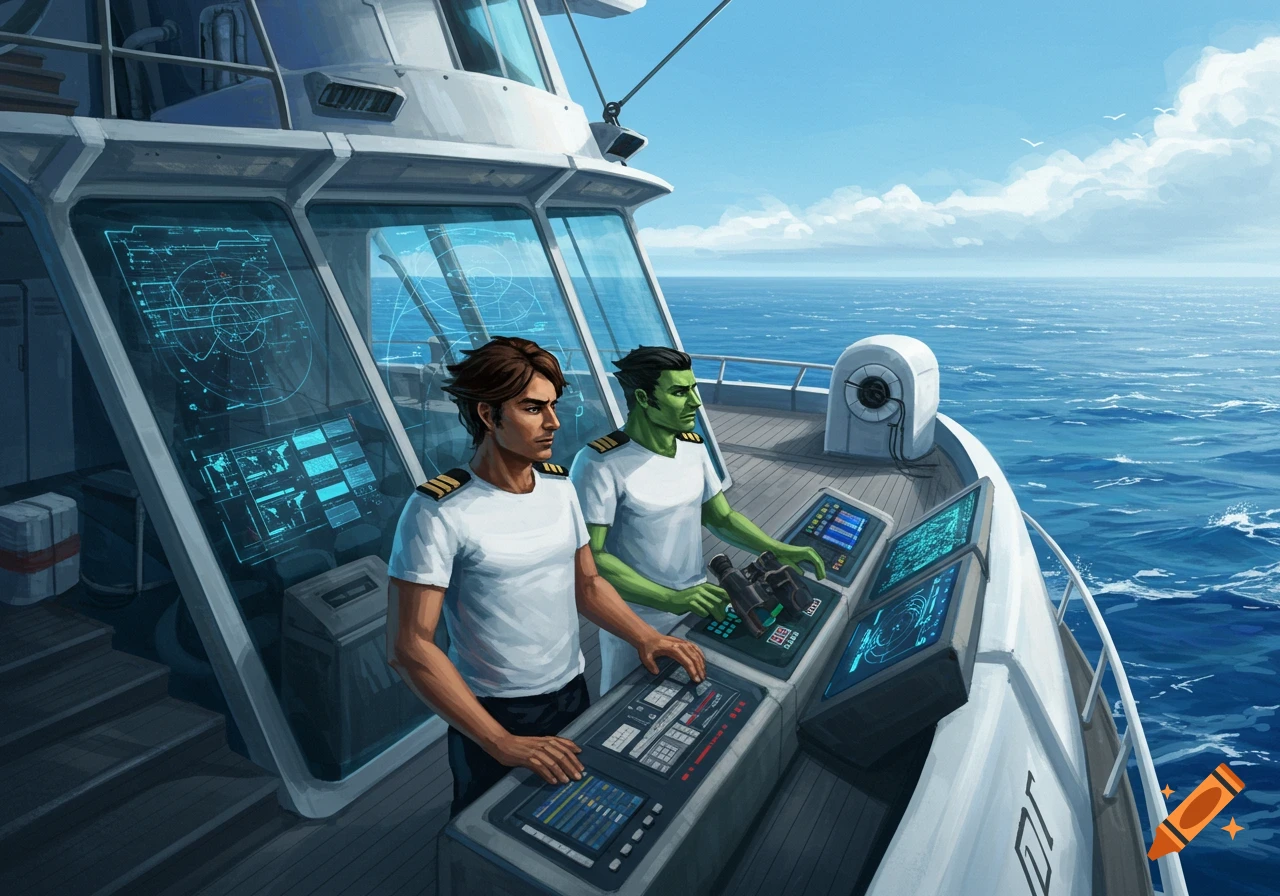 Digital illustration of two men, one with green skin, on the bridge of a futuristic vessel at sea, looking at screens and binoculars.