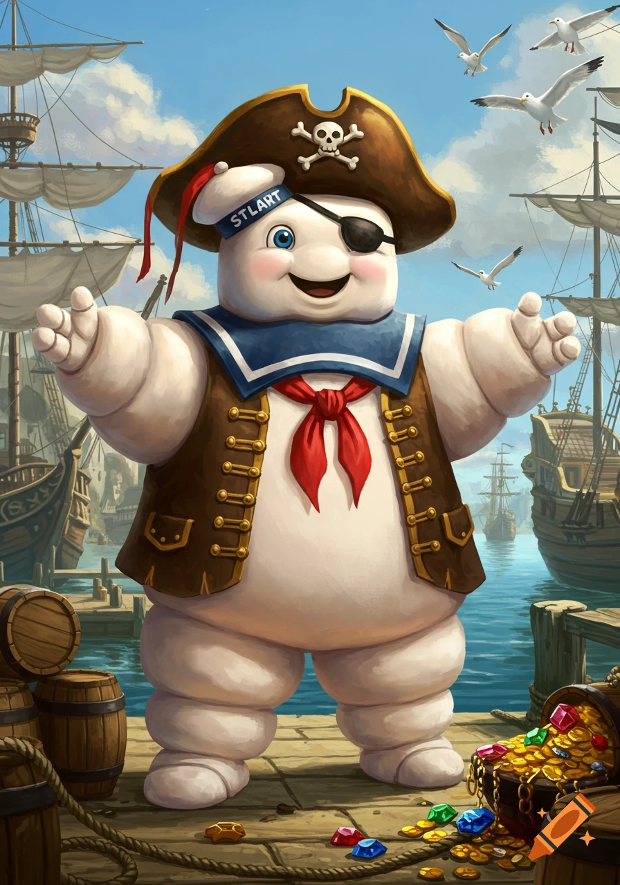 A colorful illustration of the Stay Puft Marshmallow Man dressed as a pirate on a dock, with ships in the background.