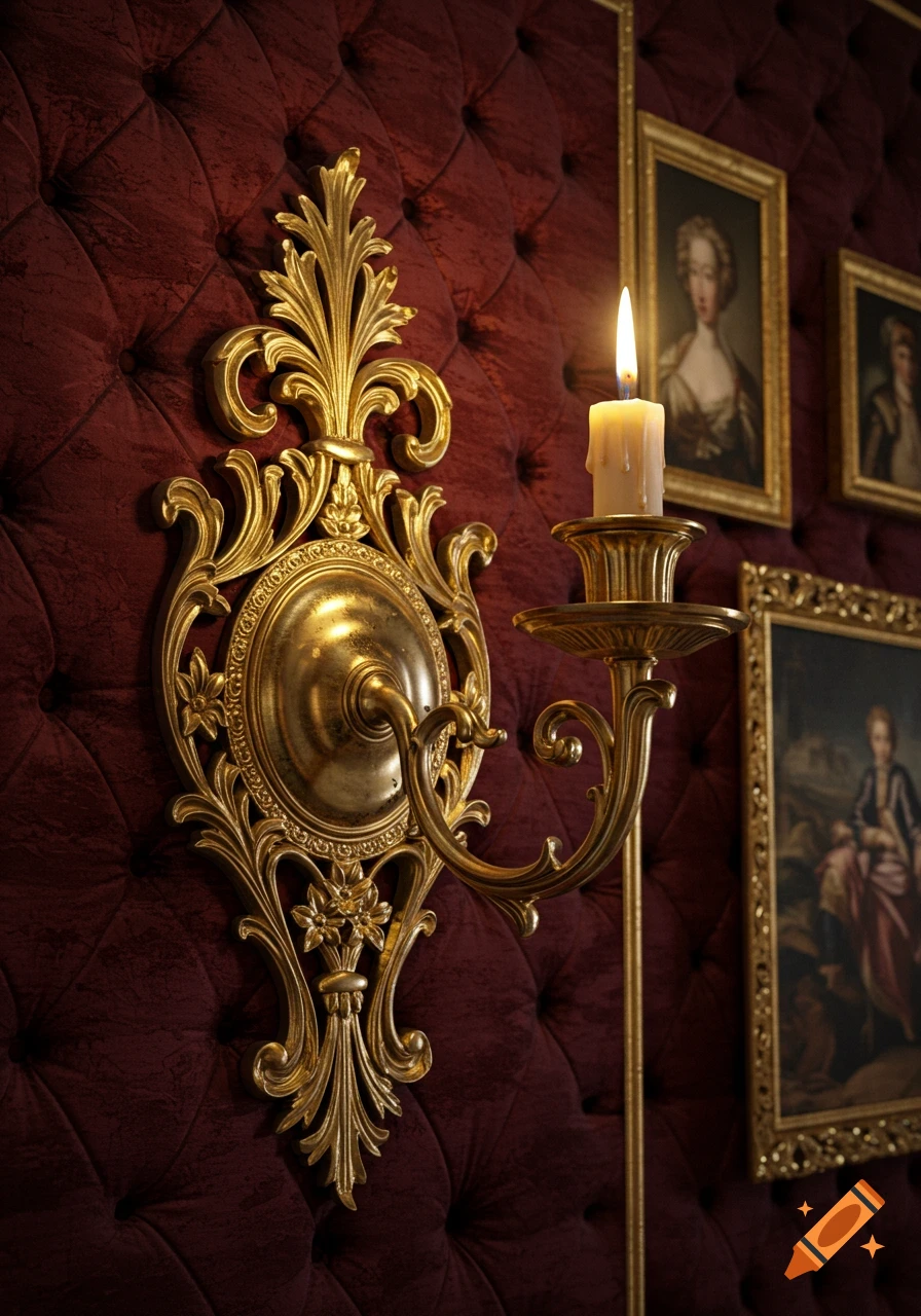 Ornate golden baroque wall sconce with a lit candle on a red tufted velvet wall with framed portraits.