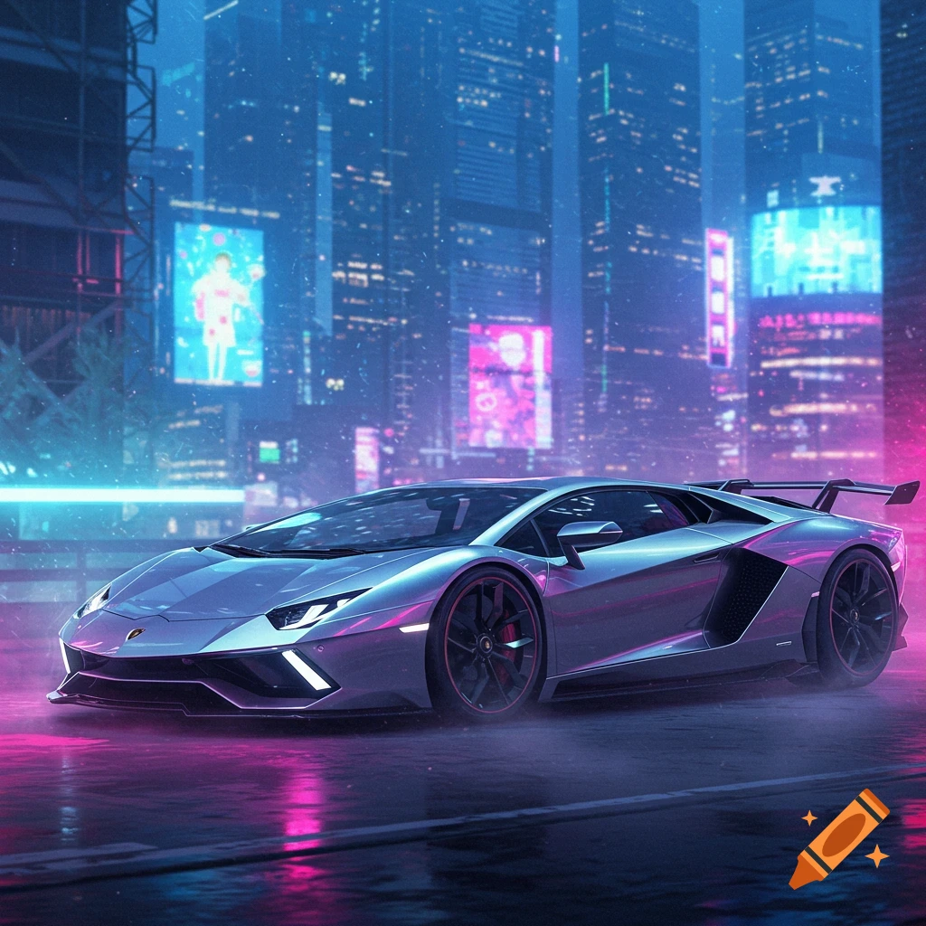 A silver Lamborghini supercar is parked on a wet street at night in a neon-lit cyberpunk city, reflecting pink and blue lights.