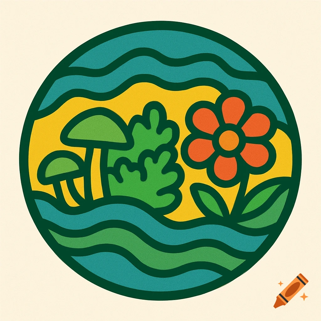 A retro-style circular logo featuring green mushrooms, a green shrub, an orange flower, and blue wavy lines on a yellow background.