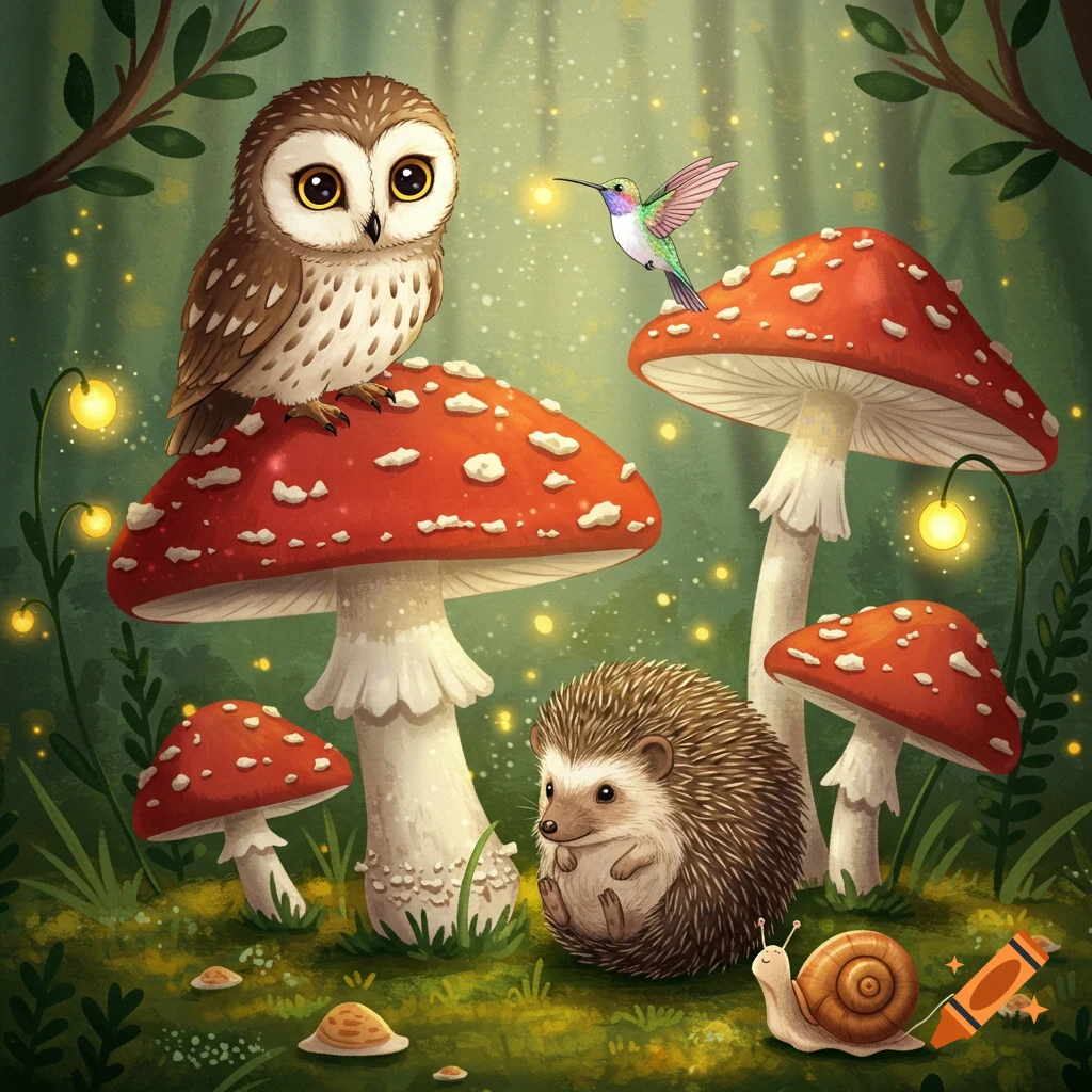 Whimsical illustration of an owl, hedgehog, hummingbird, and snail in a forest with red mushrooms and glowing lights.