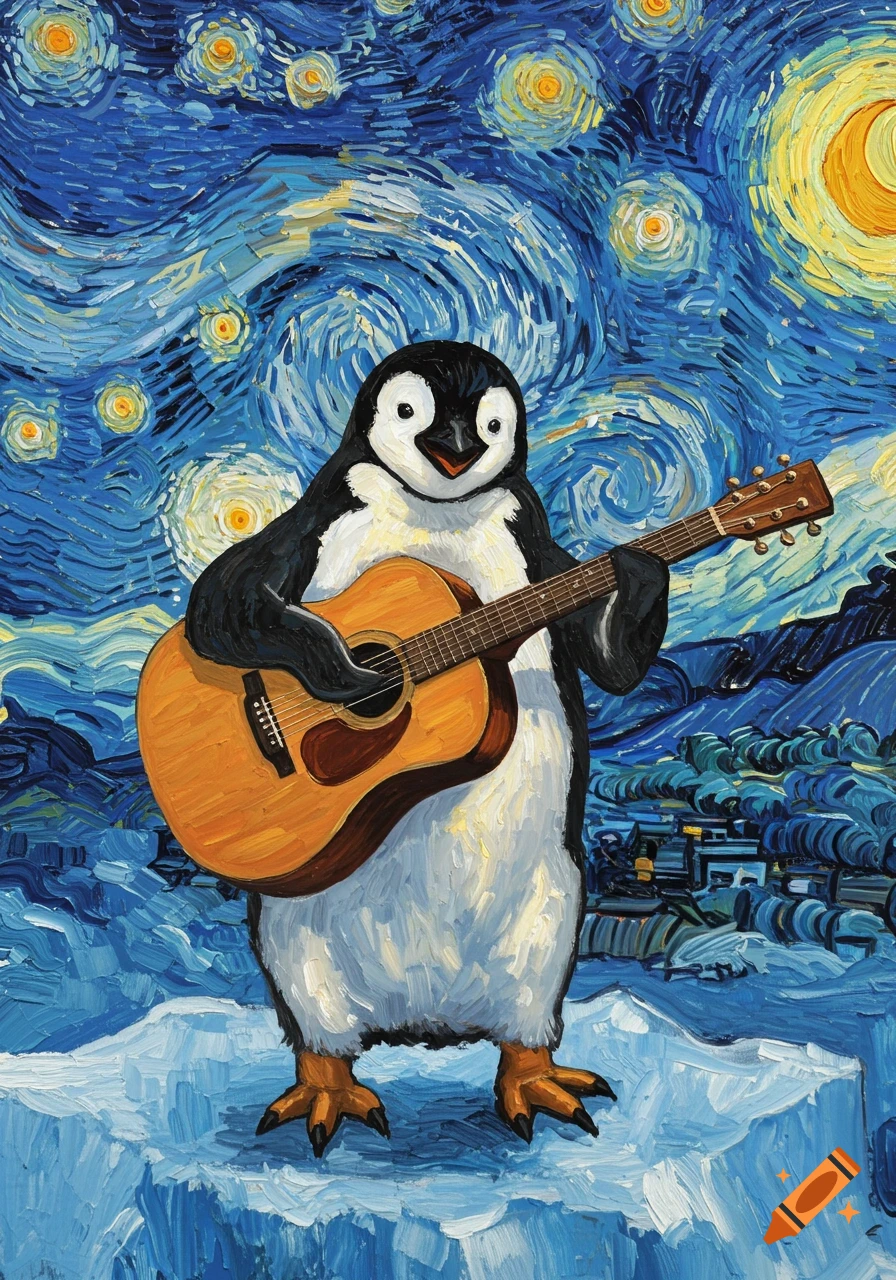 A cheerful penguin plays an acoustic guitar on an icy landscape, rendered in the distinctive swirling brushstroke style of Van Gogh's 'Starry Night'.