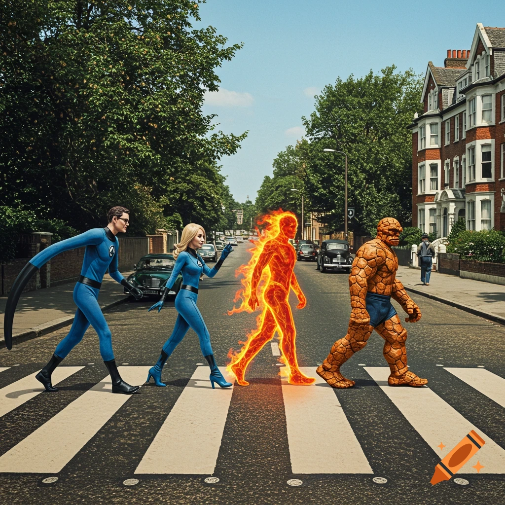 The Fantastic Four, including Mr. Fantastic, Invisible Woman, Human Torch, and The Thing, cross a zebra crossing on a tree-lined street, mimicking the Abbey Road album cover.