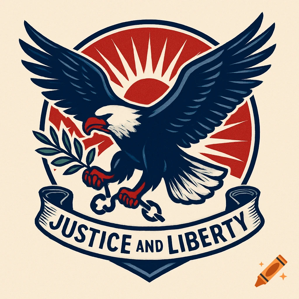 Stylized patriotic logo featuring a bald eagle holding an olive branch and broken chains, with a banner reading 'JUSTICE AND LIBERTY'.