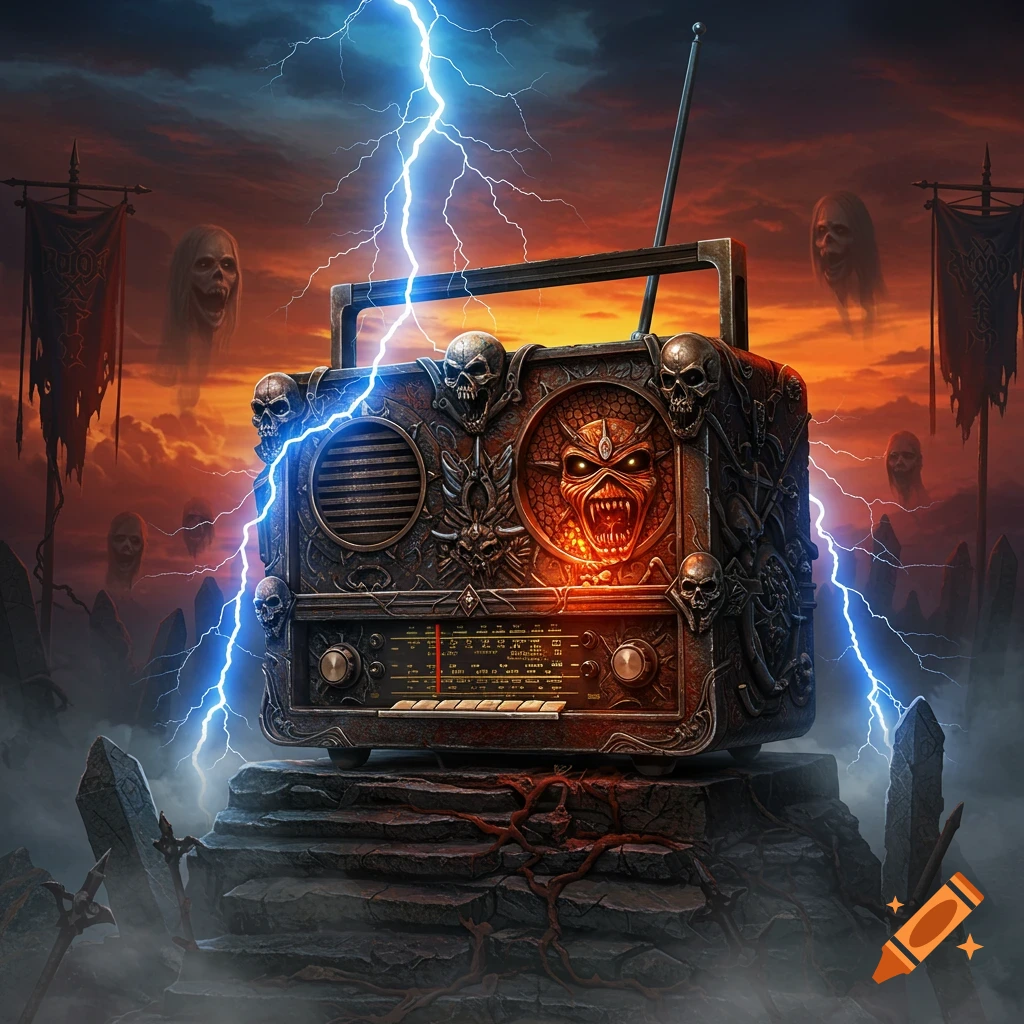 Ornate radio with Iron Maiden 'Eddie' face and skulls, struck by lightning under a fiery sky with ghosts. Dark fantasy art.