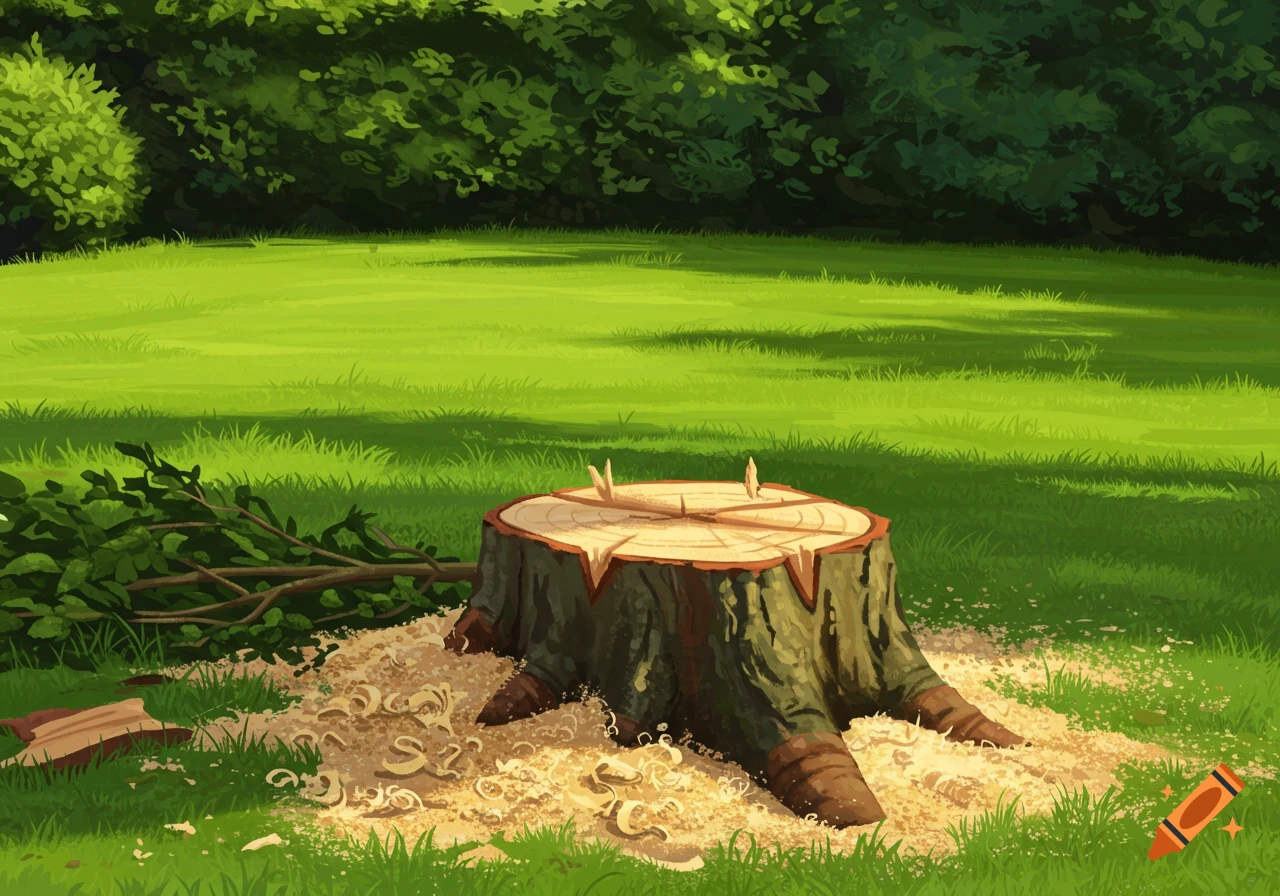 A freshly cut tree stump with wood shavings lies in a sunny green grassy field, with a dense green hedge in the background, in an illustration style.