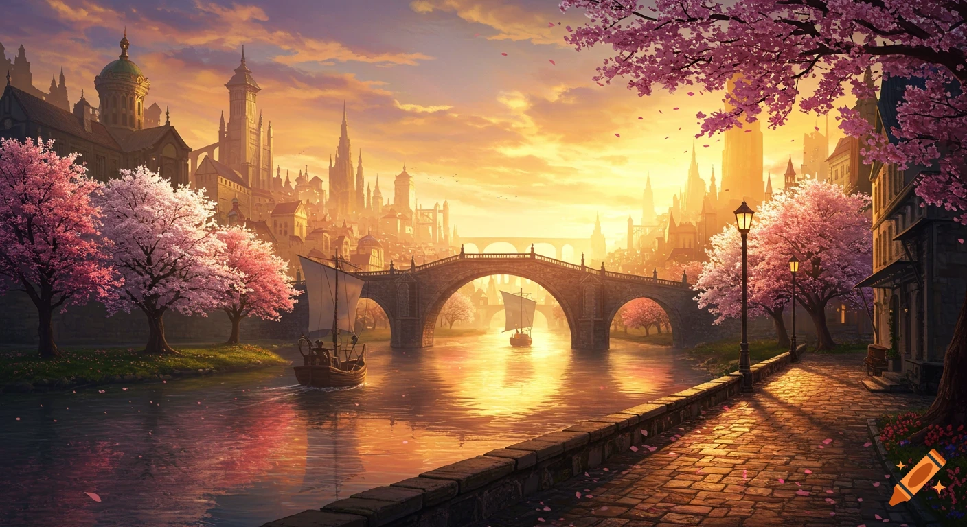 Vibrant fantasy city at sunset with a stone bridge over a river, boats, cherry blossom trees, and towering buildings.