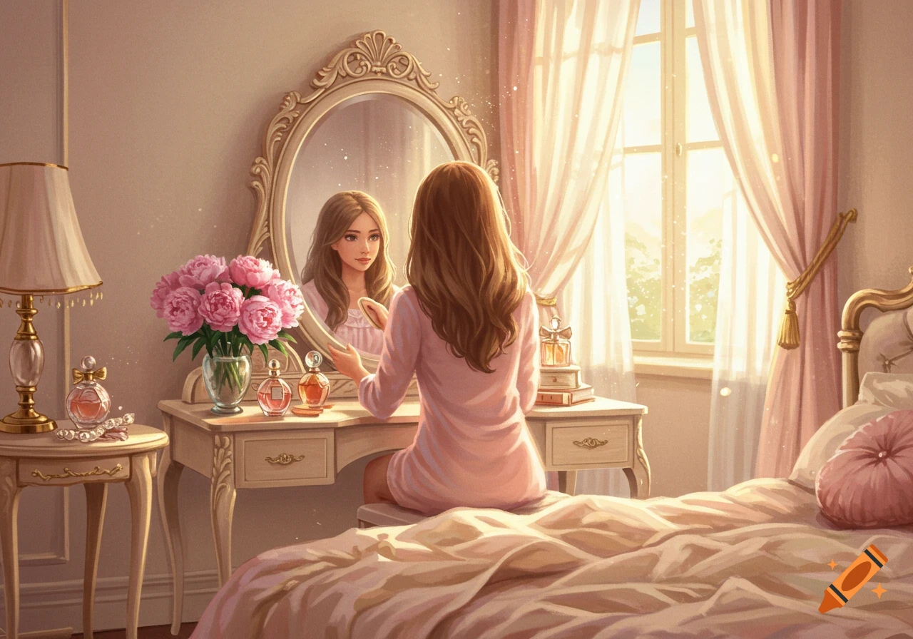 Digital illustration of a girl in a pink dress at a vanity, looking in the mirror, in a bright, pink-hued bedroom.