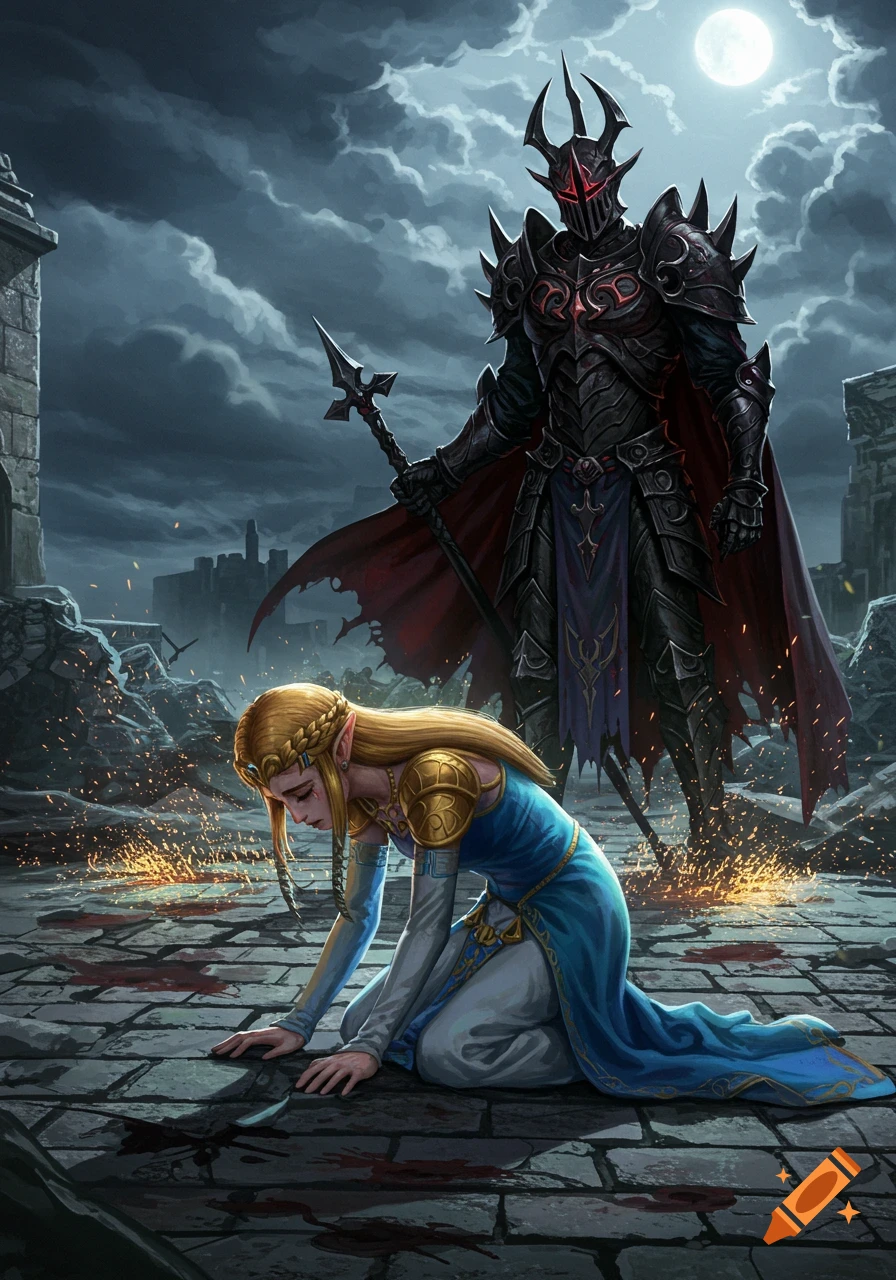 A defeated Princess Zelda kneels on blood-stained ground before a menacing dark knight under a full moon, dark fantasy digital painting.
