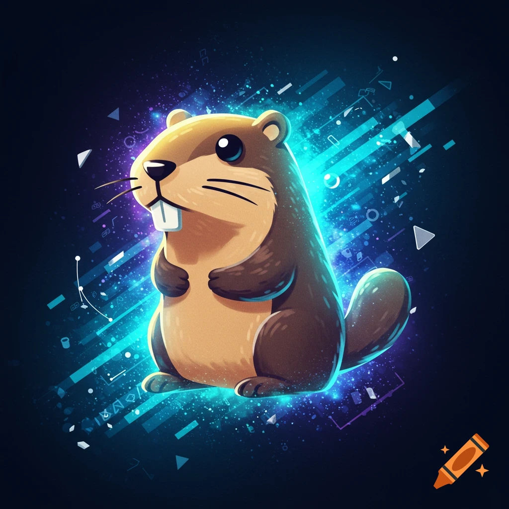 A vibrant digital illustration of the Go Gopher mascot, glowing blue and purple, against an abstract dark background with geometric shapes.